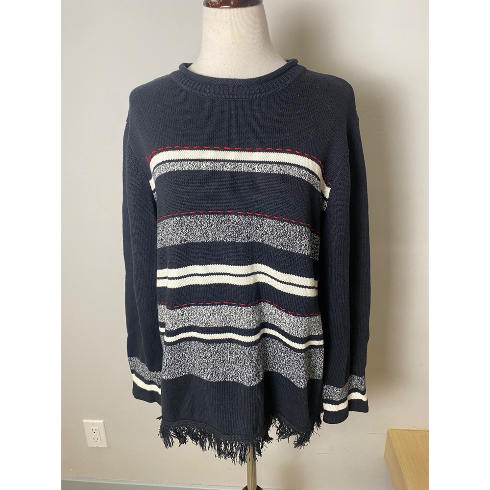 Vintage 90s Requirements Navy Blue Striped Fringe Hem Sweater Warm Cozy Large